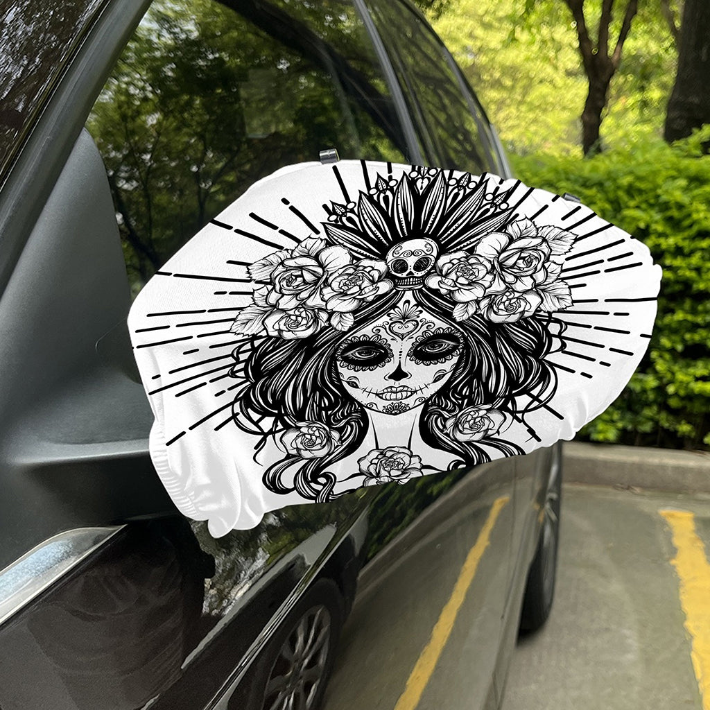 Black And White Calavera Girl Print Car Side Mirror Covers