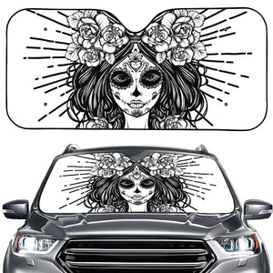 Black And White Calavera Girl Print Car Windshield Sun Shade