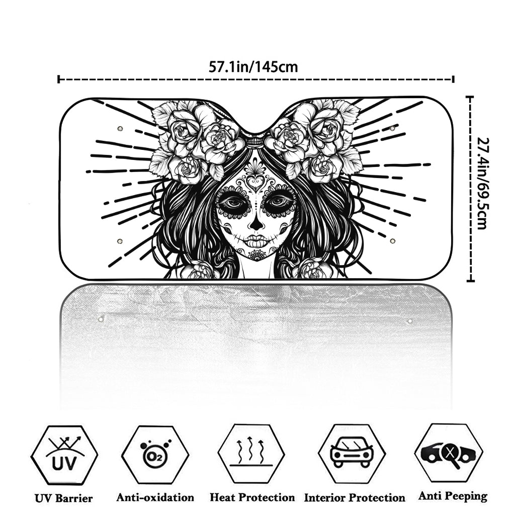 Black And White Calavera Girl Print Car Windshield Sun Shade