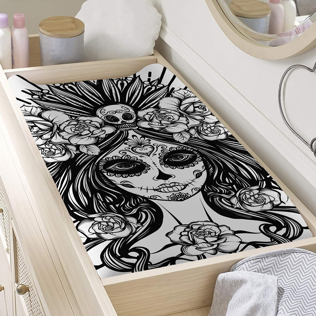 Black And White Calavera Girl Print Changing Pad Cover