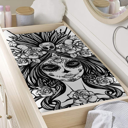 Black And White Calavera Girl Print Changing Pad Cover