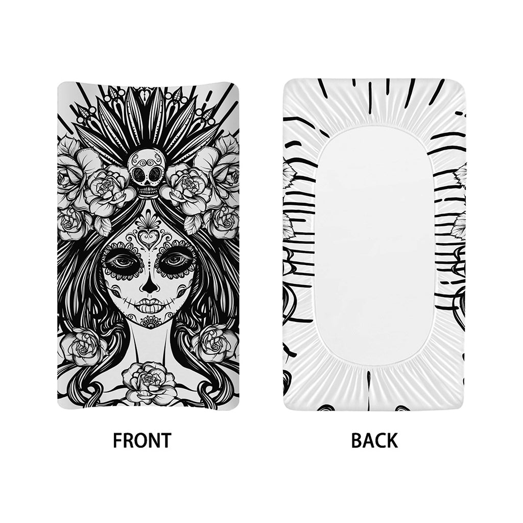 Black And White Calavera Girl Print Changing Pad Cover