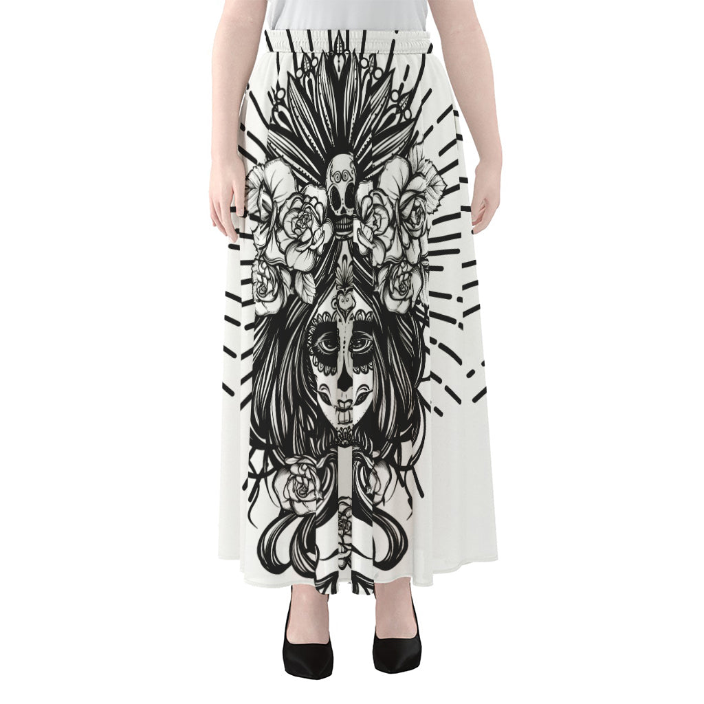Black And White Calavera Girl Print Chiffon Maxi Skirt