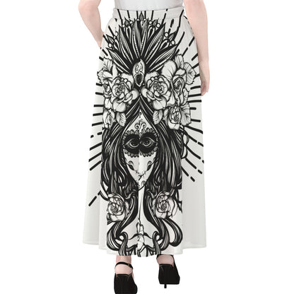 Black And White Calavera Girl Print Chiffon Maxi Skirt