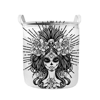 Black And White Calavera Girl Print Collapsible Laundry Basket