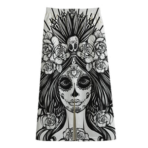 Black And White Calavera Girl Print Cotton Front Slit Maxi Skirt