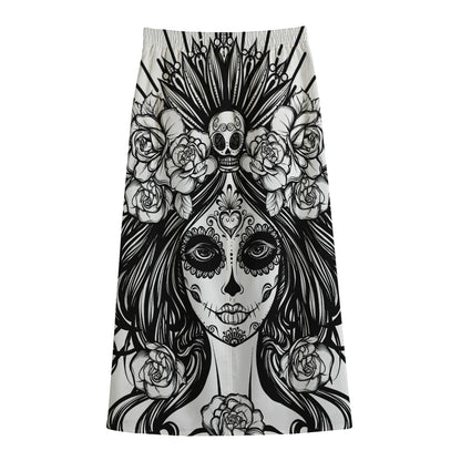 Black And White Calavera Girl Print Cotton Front Slit Maxi Skirt