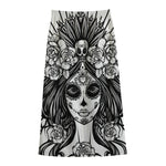 Black And White Calavera Girl Print Cotton Front Slit Maxi Skirt