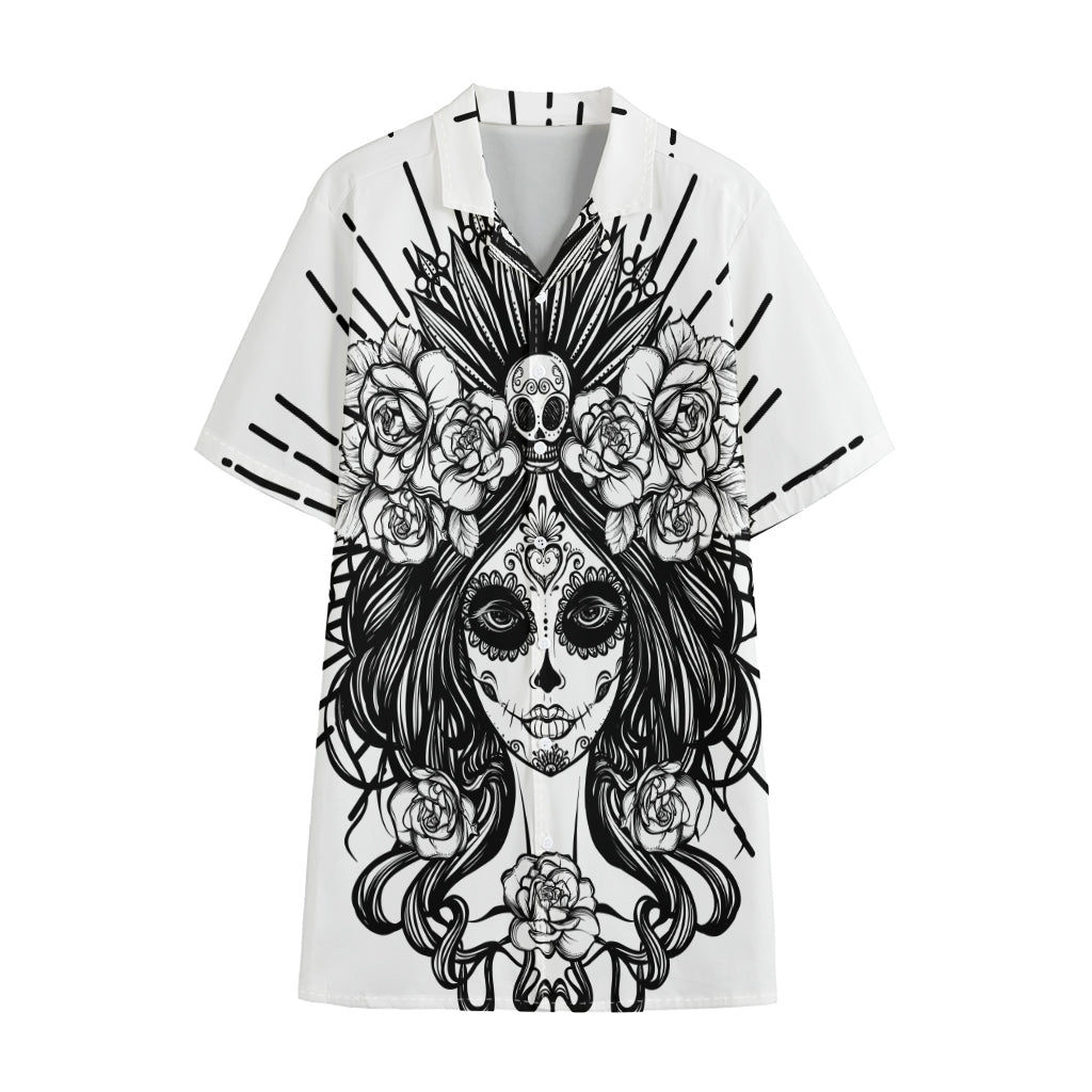 Black And White Calavera Girl Print Cotton Hawaiian Shirt