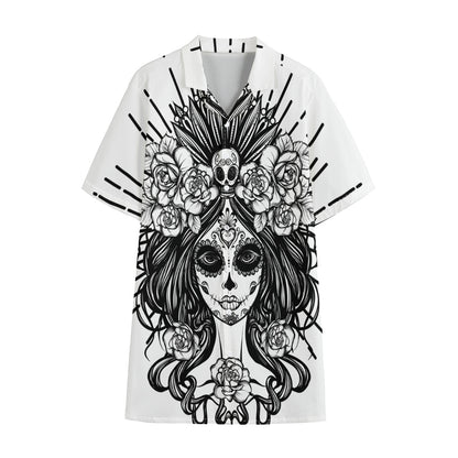 Black And White Calavera Girl Print Cotton Hawaiian Shirt