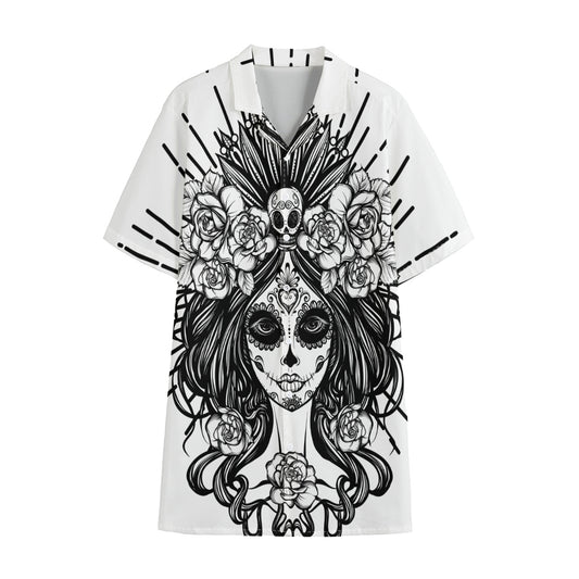 Black And White Calavera Girl Print Cotton Hawaiian Shirt
