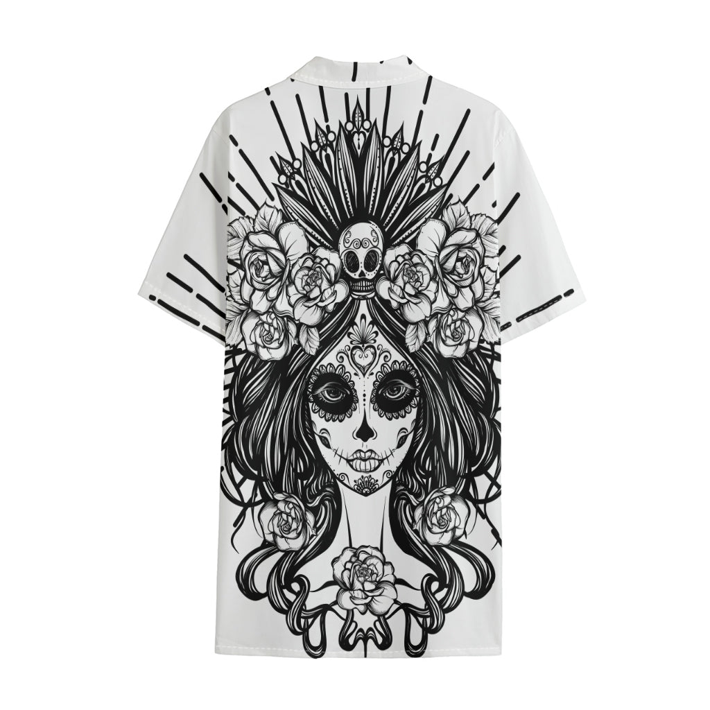 Black And White Calavera Girl Print Cotton Hawaiian Shirt