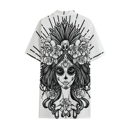 Black And White Calavera Girl Print Cotton Hawaiian Shirt