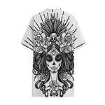 Black And White Calavera Girl Print Cotton Hawaiian Shirt