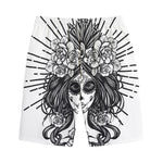Black And White Calavera Girl Print Cotton Shorts