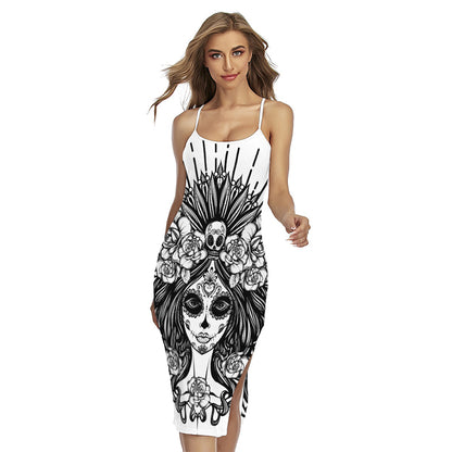 Black And White Calavera Girl Print Cross Back Cami Dress
