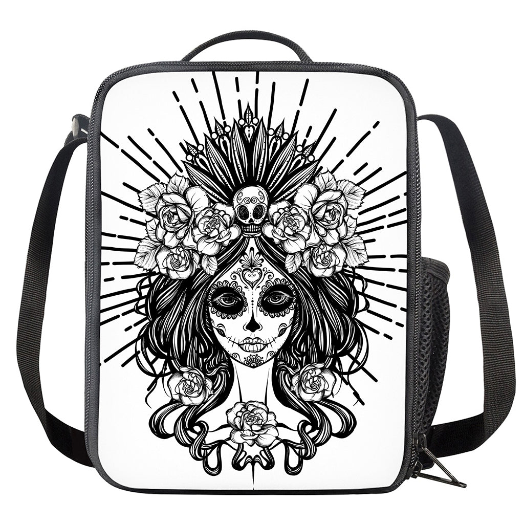 Black And White Calavera Girl Print Crossbody Lunch Bag