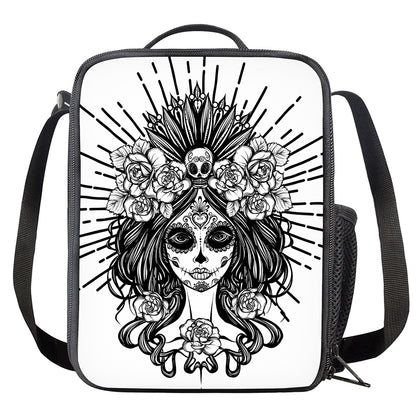 Black And White Calavera Girl Print Crossbody Lunch Bag