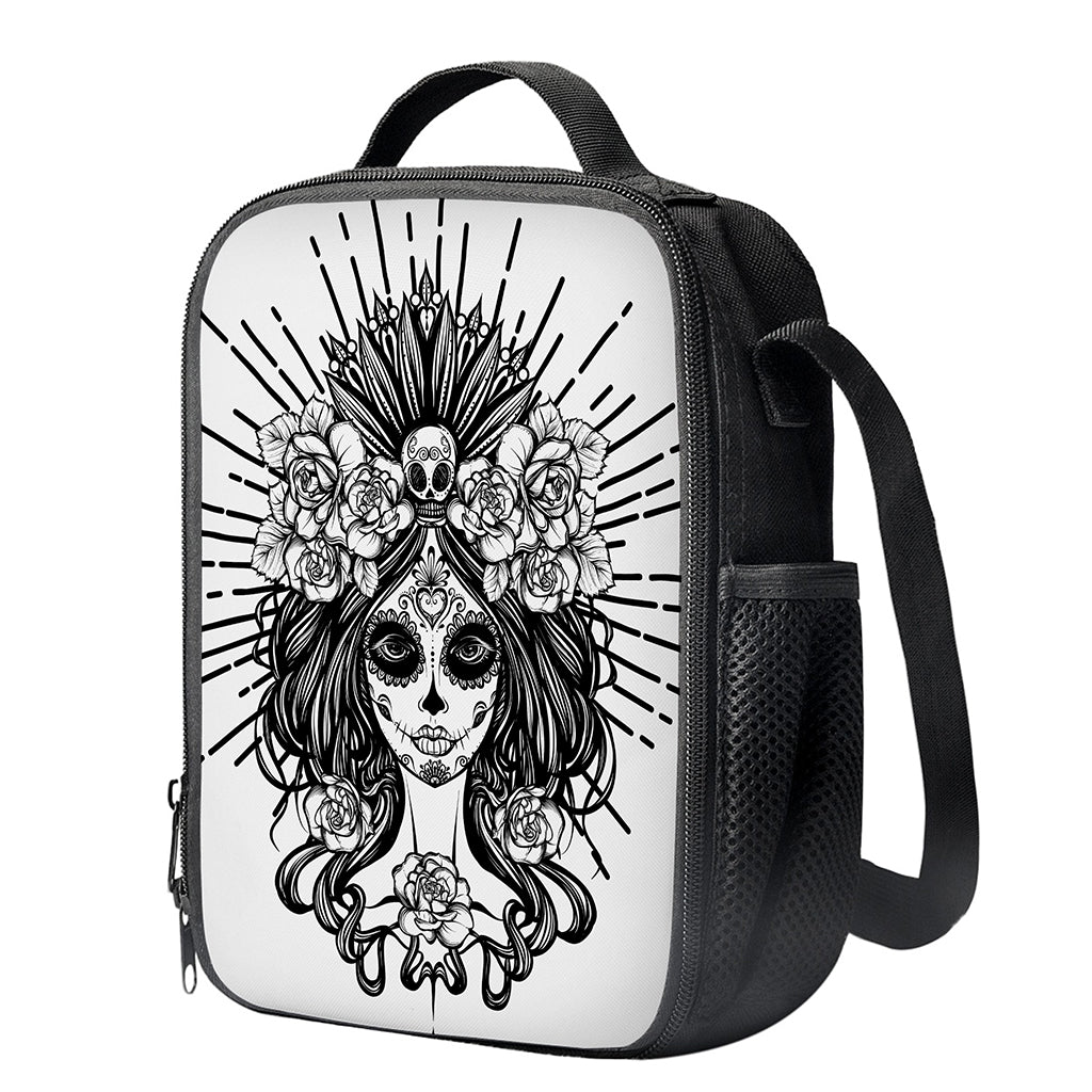 Black And White Calavera Girl Print Crossbody Lunch Bag