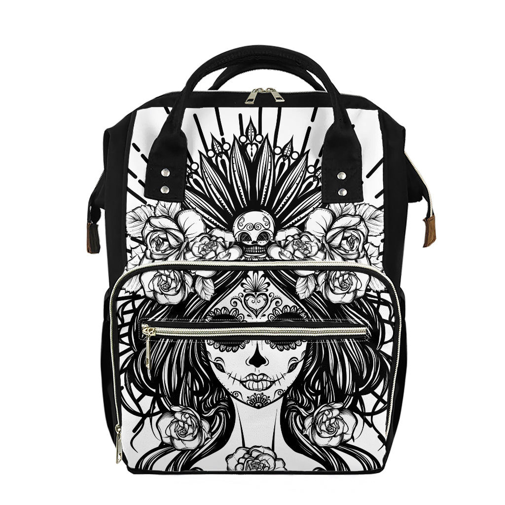 Black And White Calavera Girl Print Diaper Bag