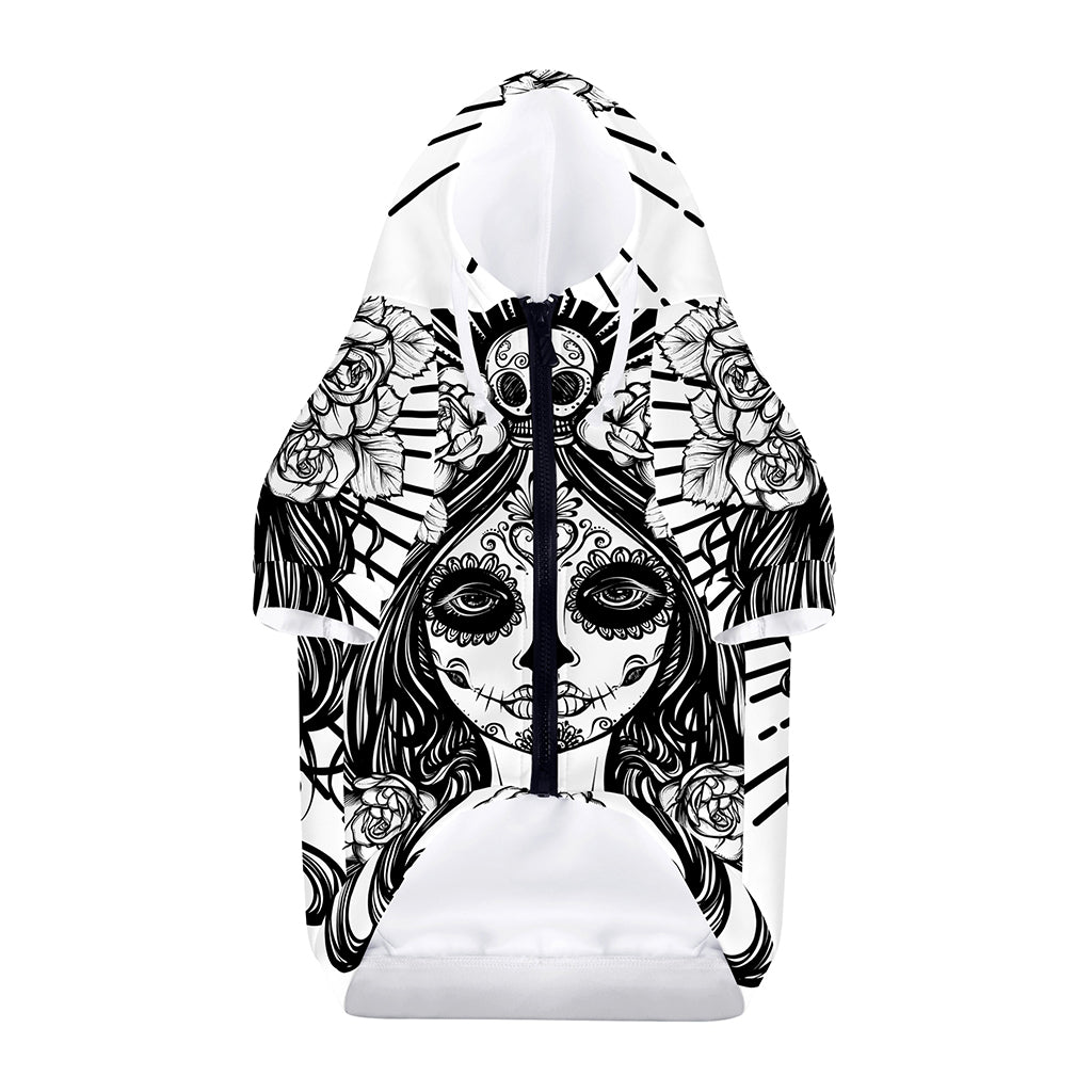 Black And White Calavera Girl Print Dog Zip Up Hoodie
