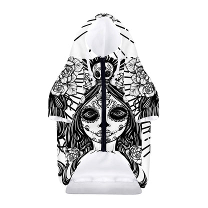 Black And White Calavera Girl Print Dog Zip Up Hoodie