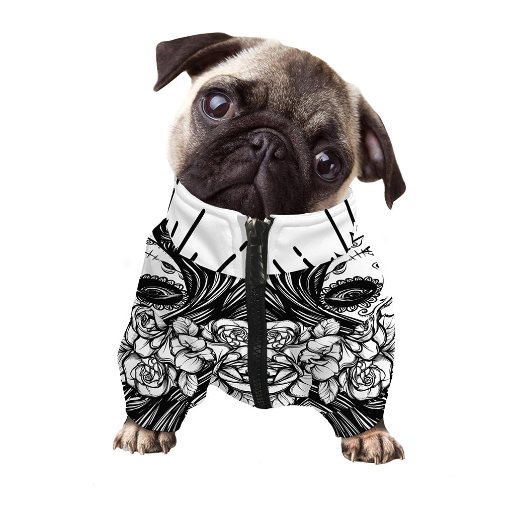 Black And White Calavera Girl Print Dog Zip Up Jacket