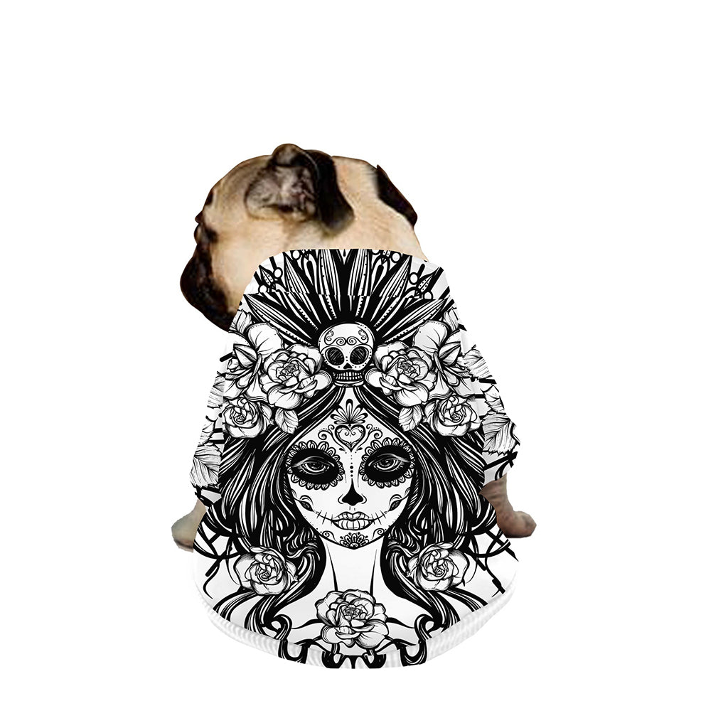 Black And White Calavera Girl Print Dog Zip Up Jacket