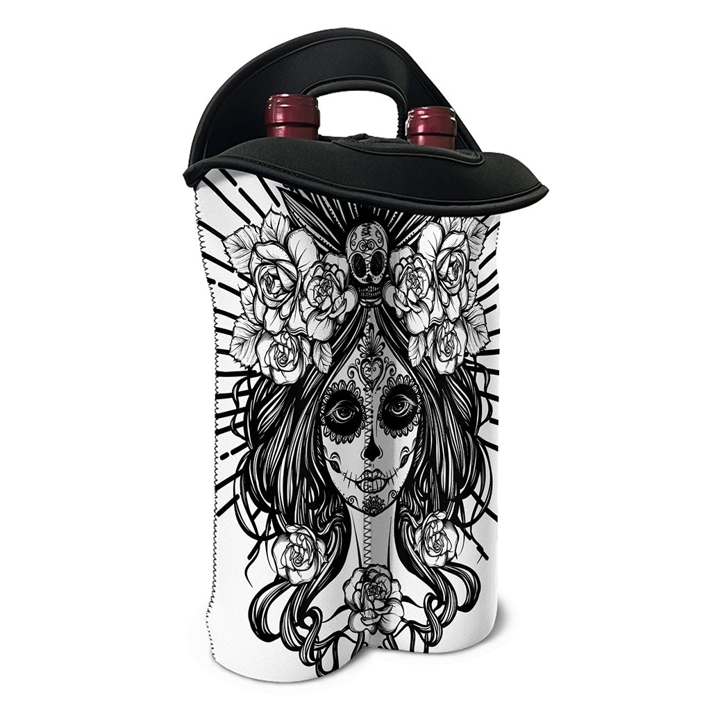 Black And White Calavera Girl Print Double Neoprene Wine Tote