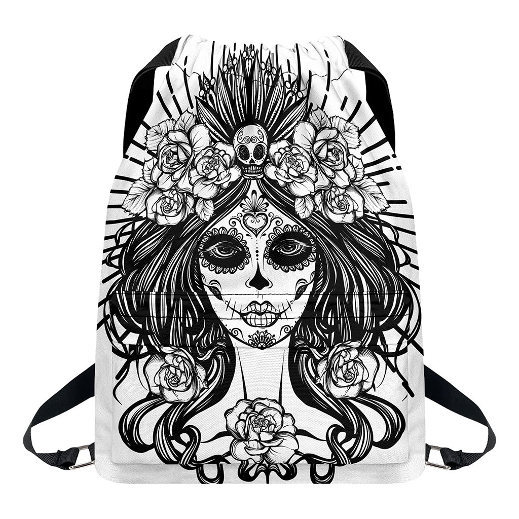 Black And White Calavera Girl Print Drawstring Backpack