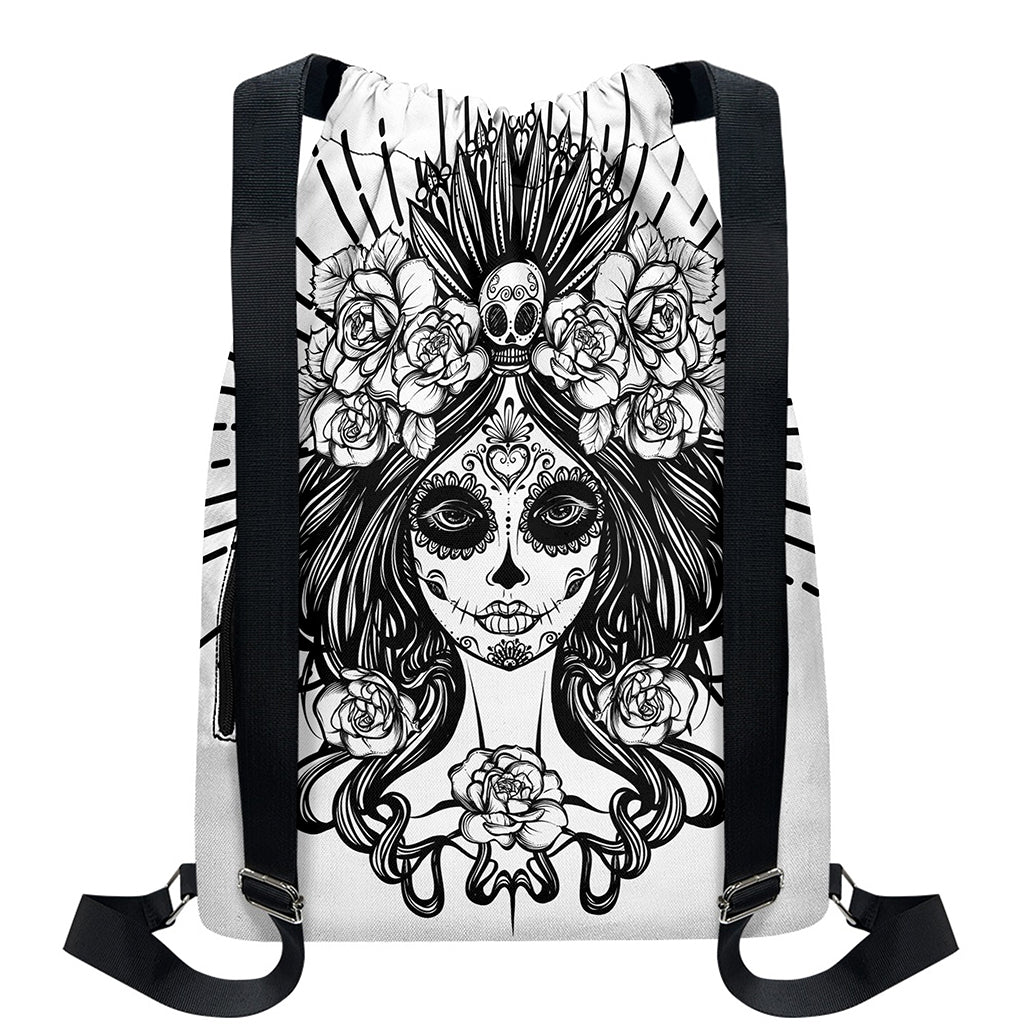 Black And White Calavera Girl Print Drawstring Backpack