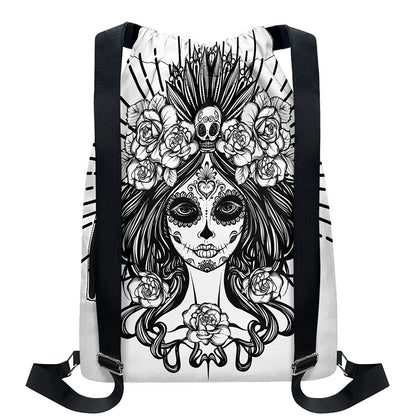Black And White Calavera Girl Print Drawstring Backpack