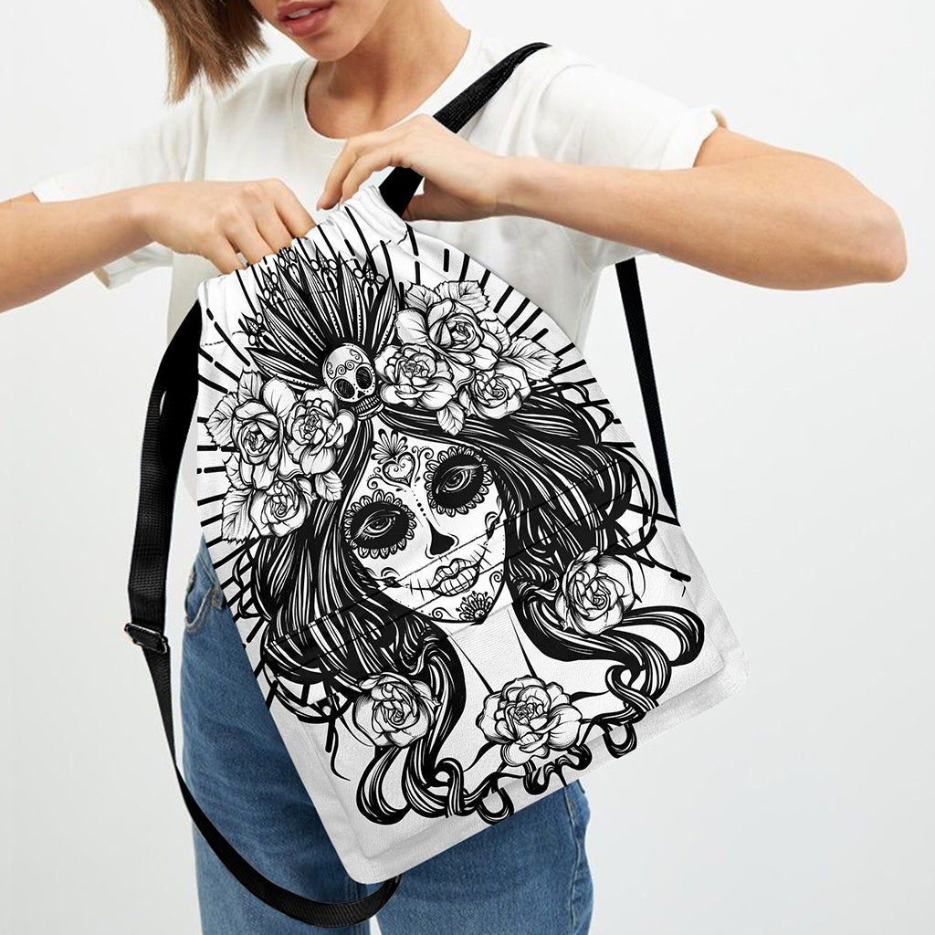 Black And White Calavera Girl Print Drawstring Backpack