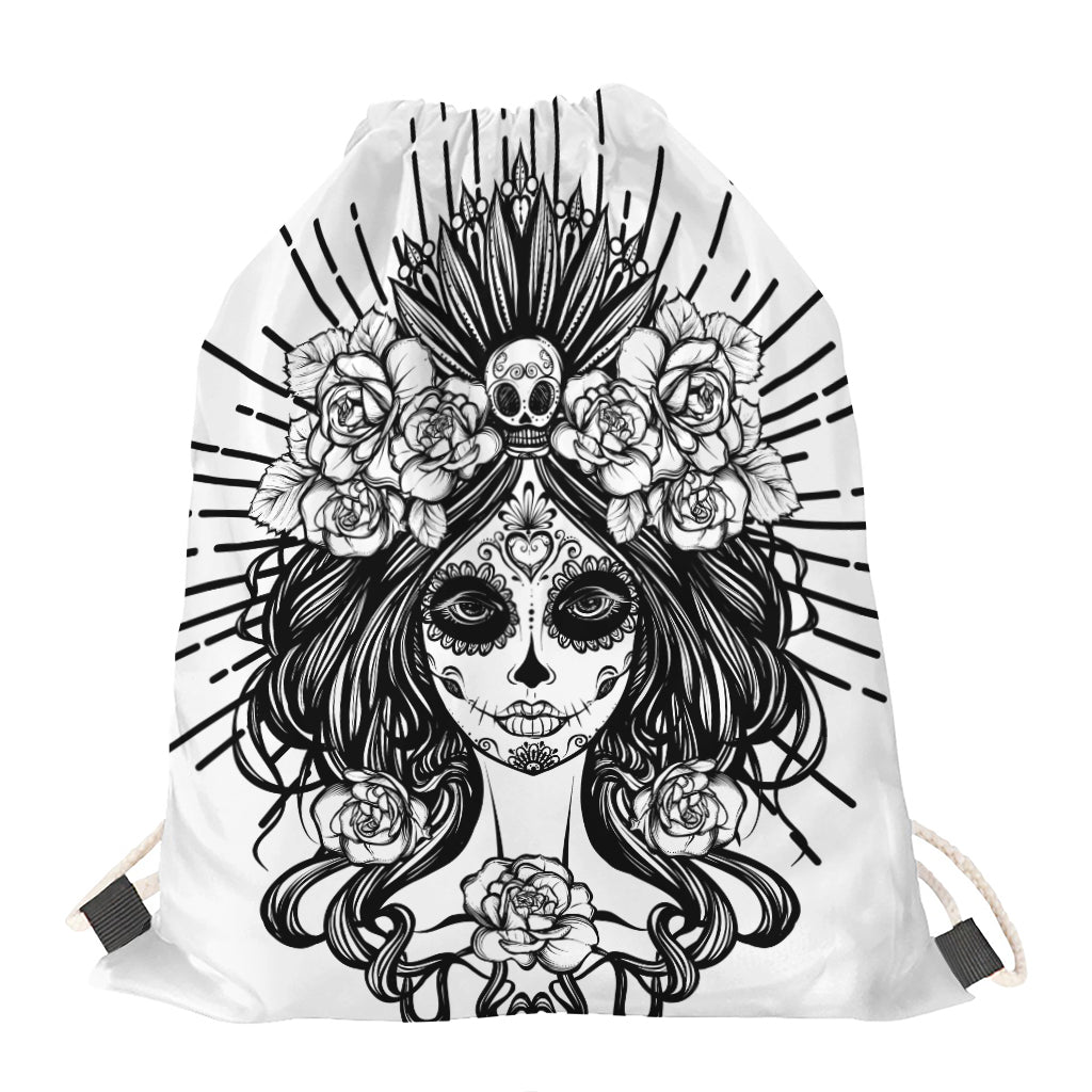 Black And White Calavera Girl Print Drawstring Bag