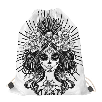 Black And White Calavera Girl Print Drawstring Bag