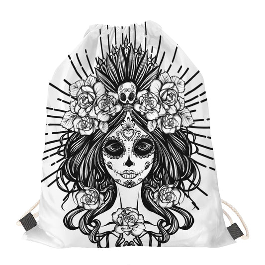 Black And White Calavera Girl Print Drawstring Bag