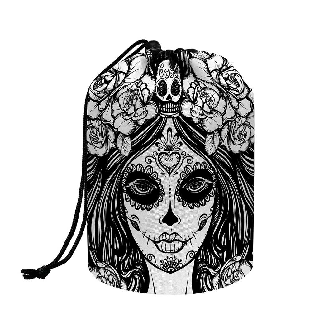 Black And White Calavera Girl Print Drawstring Makeup Bag