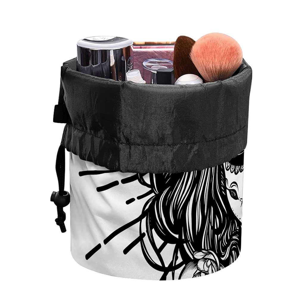 Black And White Calavera Girl Print Drawstring Makeup Bag