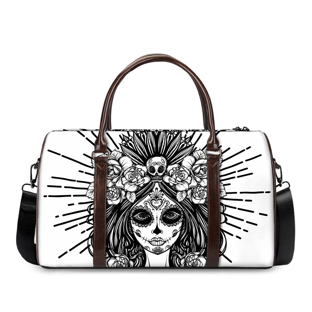 Black And White Calavera Girl Print Duffle Bag