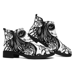 Black And White Calavera Girl Print Flat Ankle Boots