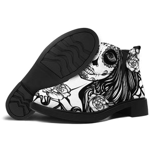 Black And White Calavera Girl Print Flat Ankle Boots