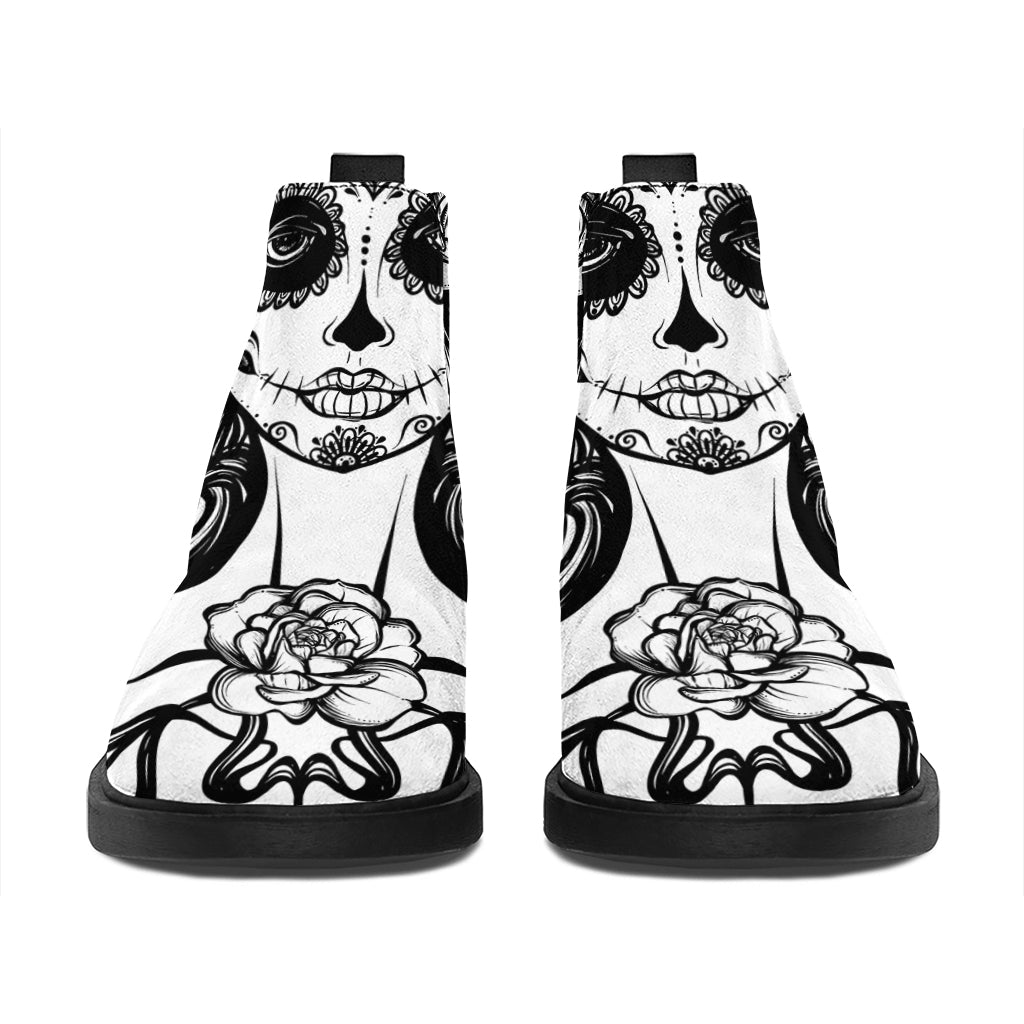 Black And White Calavera Girl Print Flat Ankle Boots