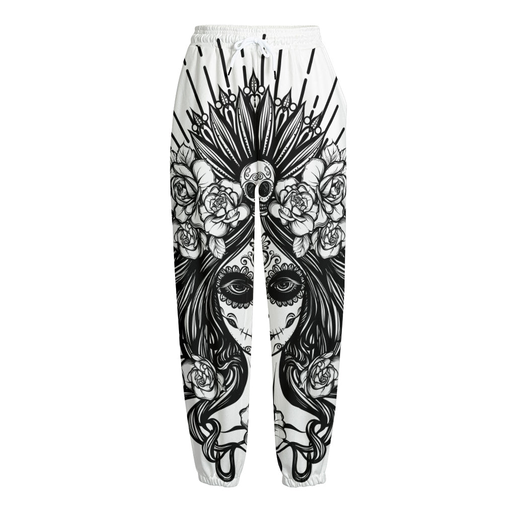 Black And White Calavera Girl Print Fleece Lined Knit Pants