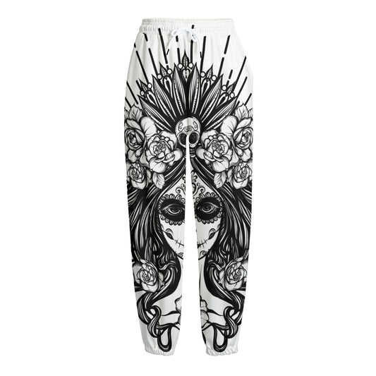 Black And White Calavera Girl Print Fleece Lined Knit Pants