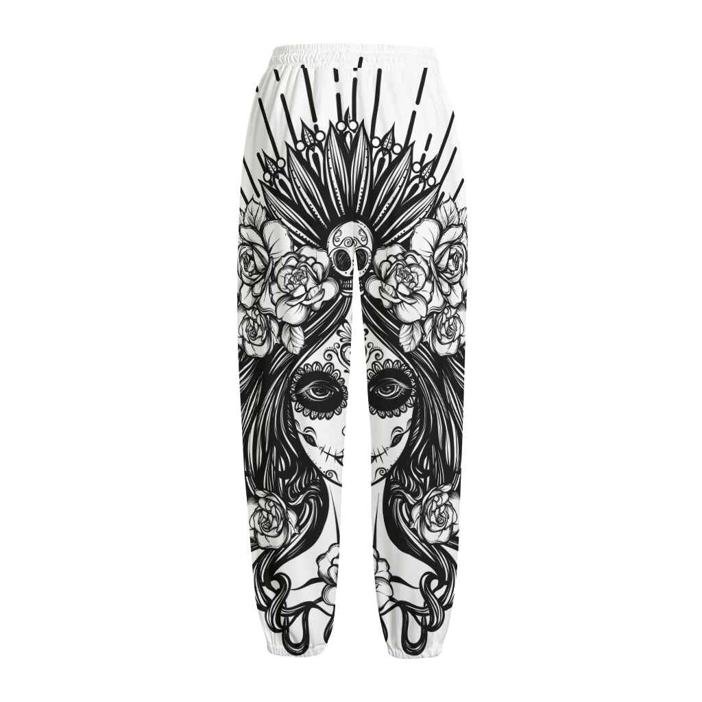 Black And White Calavera Girl Print Fleece Lined Knit Pants