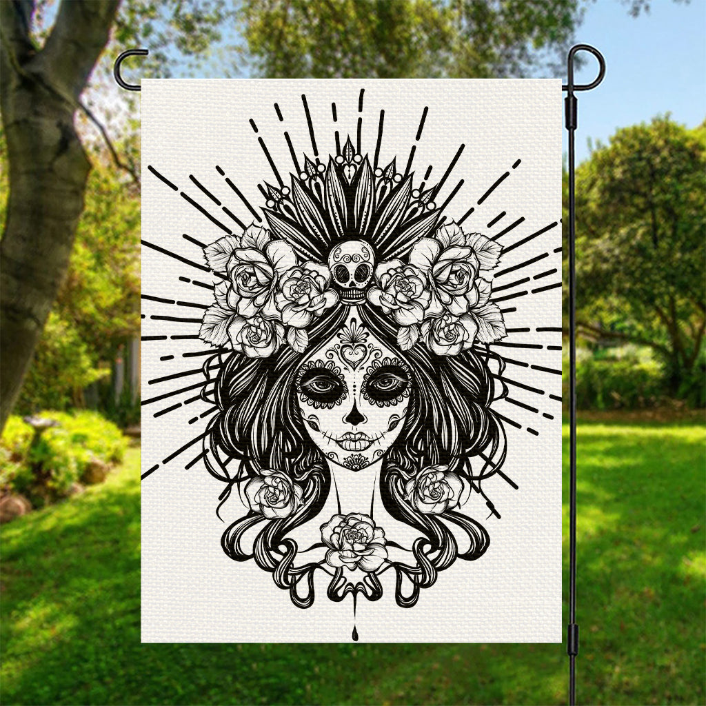 Black And White Calavera Girl Print Garden Flag