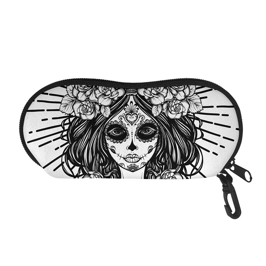 Black And White Calavera Girl Print Glasses Case