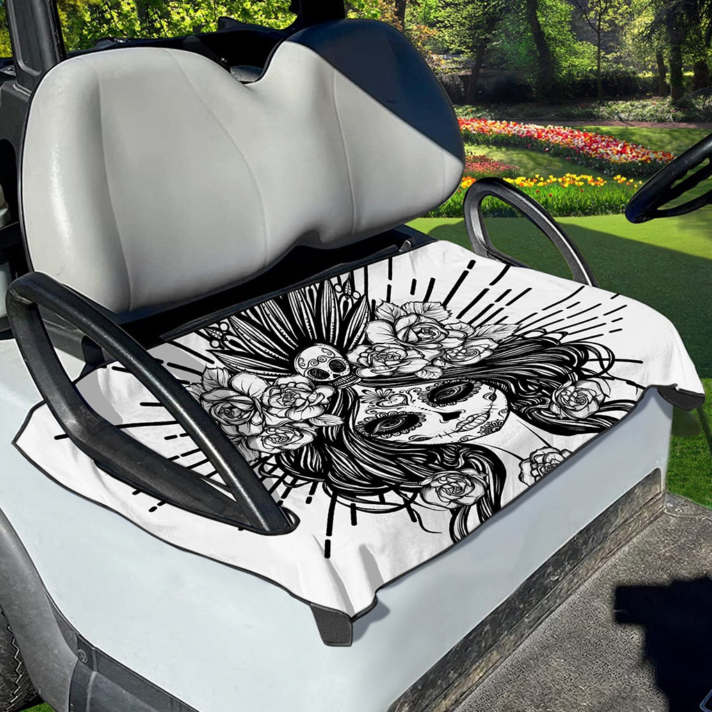 Black And White Calavera Girl Print Golf Cart Seat Cover