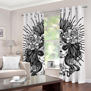 Black And White Calavera Girl Print Grommet Curtains