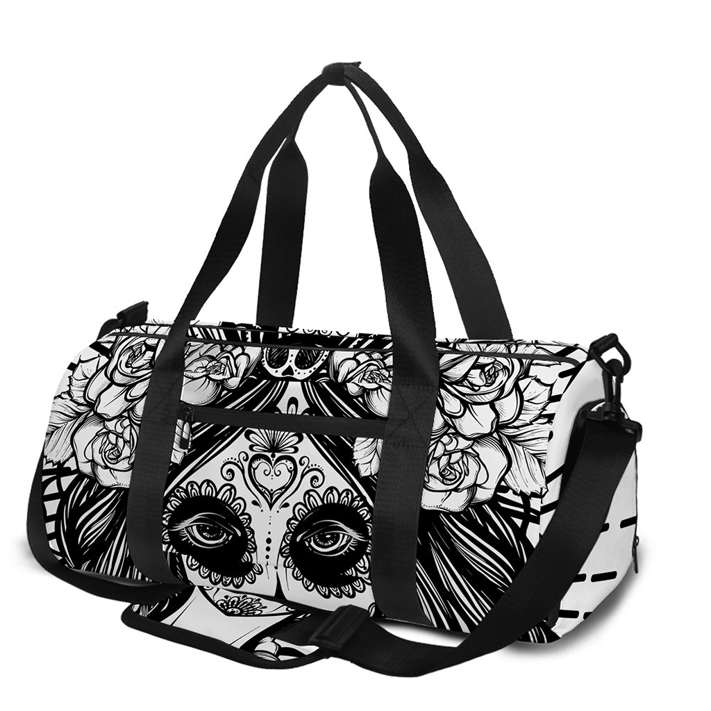 Black And White Calavera Girl Print Gym Bag